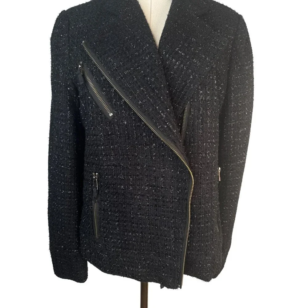 I Love Ronson Large Black Tweed Asymmetrical Zipper Jacket